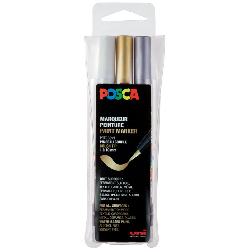 POSCA marqueurs pigmentés PCF-350, pointe pinceau, 3 pièces, or/argent/blanc